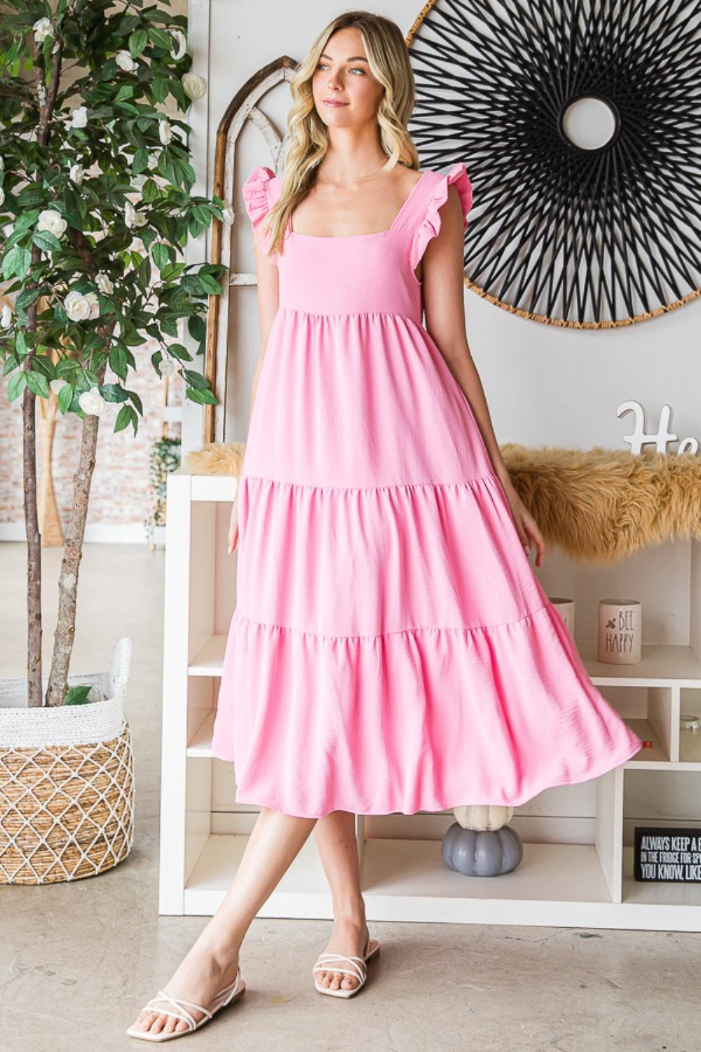 Elegant Ruffled Sleeveless Tiered Summer Midi Dress for Women - Perfect for Beach Vacations, Garden Parties & Date Nights