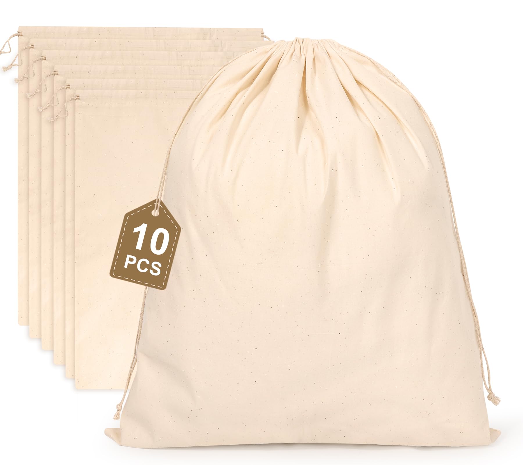 10-Pack Large Cotton Drawstring Storage Bags 14x17 Inch - Reusable Muslin Fabric for Bread, Flour, Potatoes, Onions | Multi-Purpose Organizer for Pantry, Kitchen, Shoes & Travel Accessories