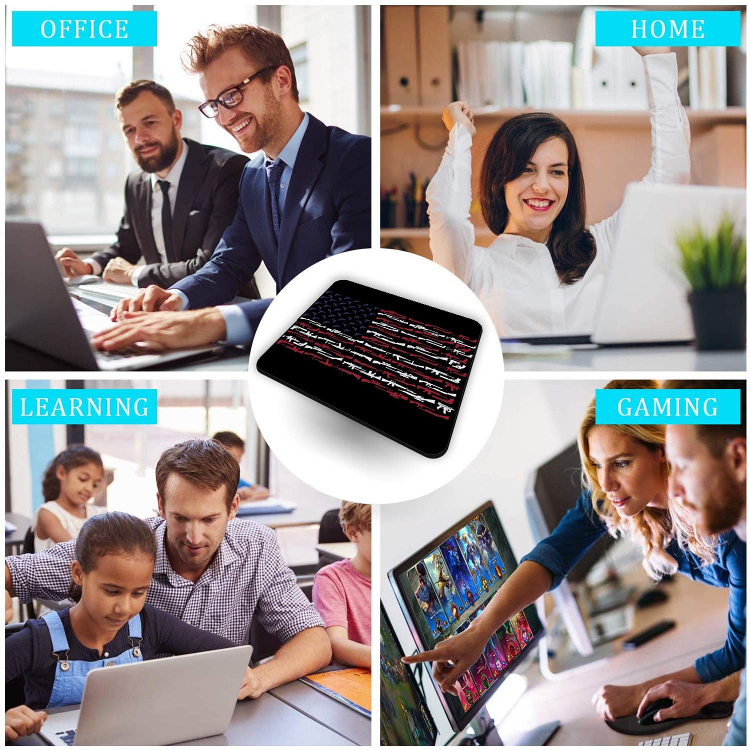 Non-Slip Rubber Gaming Mouse Pad & Coasters Set with American Gun Flag Design - Large Rectangle Mouse Mat for PC, Laptop, Office Work & Video Games - Perfect for Gamers, Programmers & Home Office Use