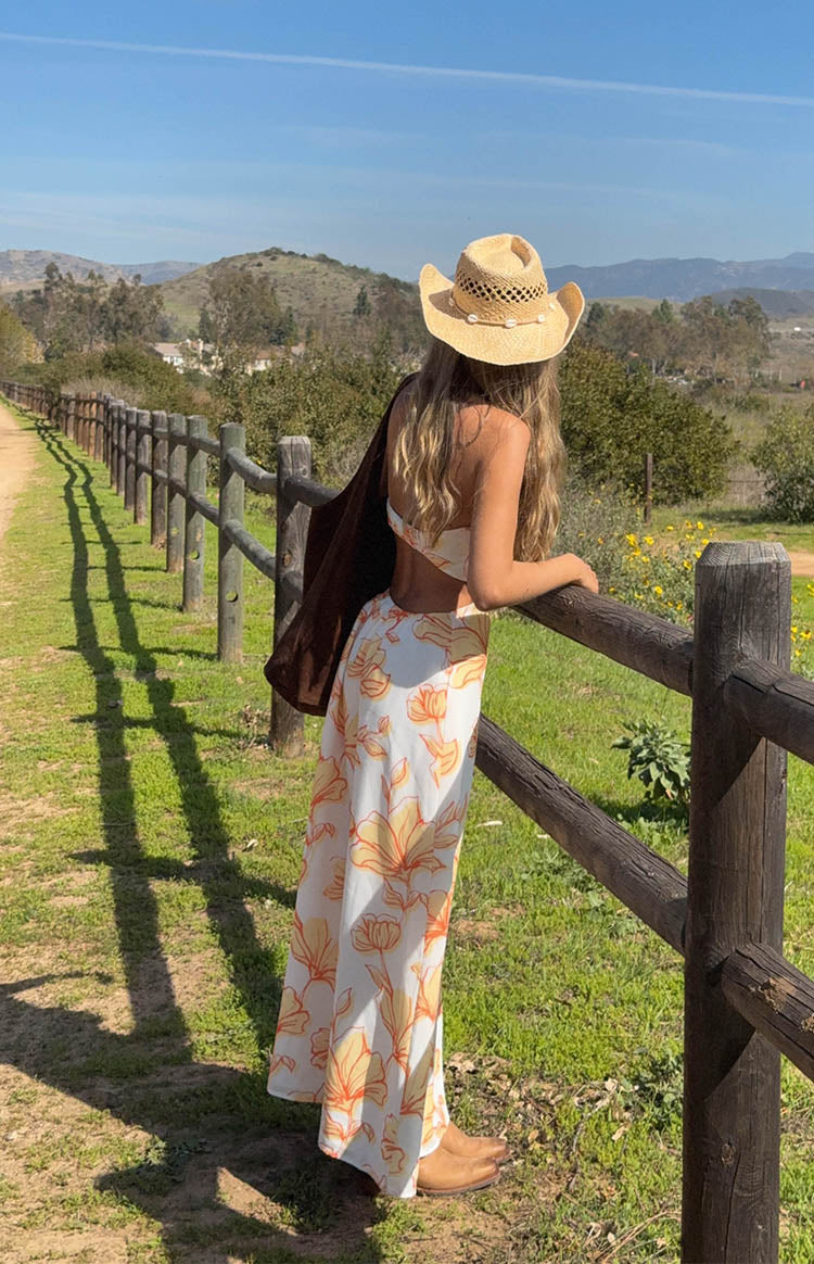 Coen Orange Floral Strapless Maxi Dress - Women's Summer Beach Wedding Party Gown - Perfect for Vacations, Date Nights & Special Occasions
