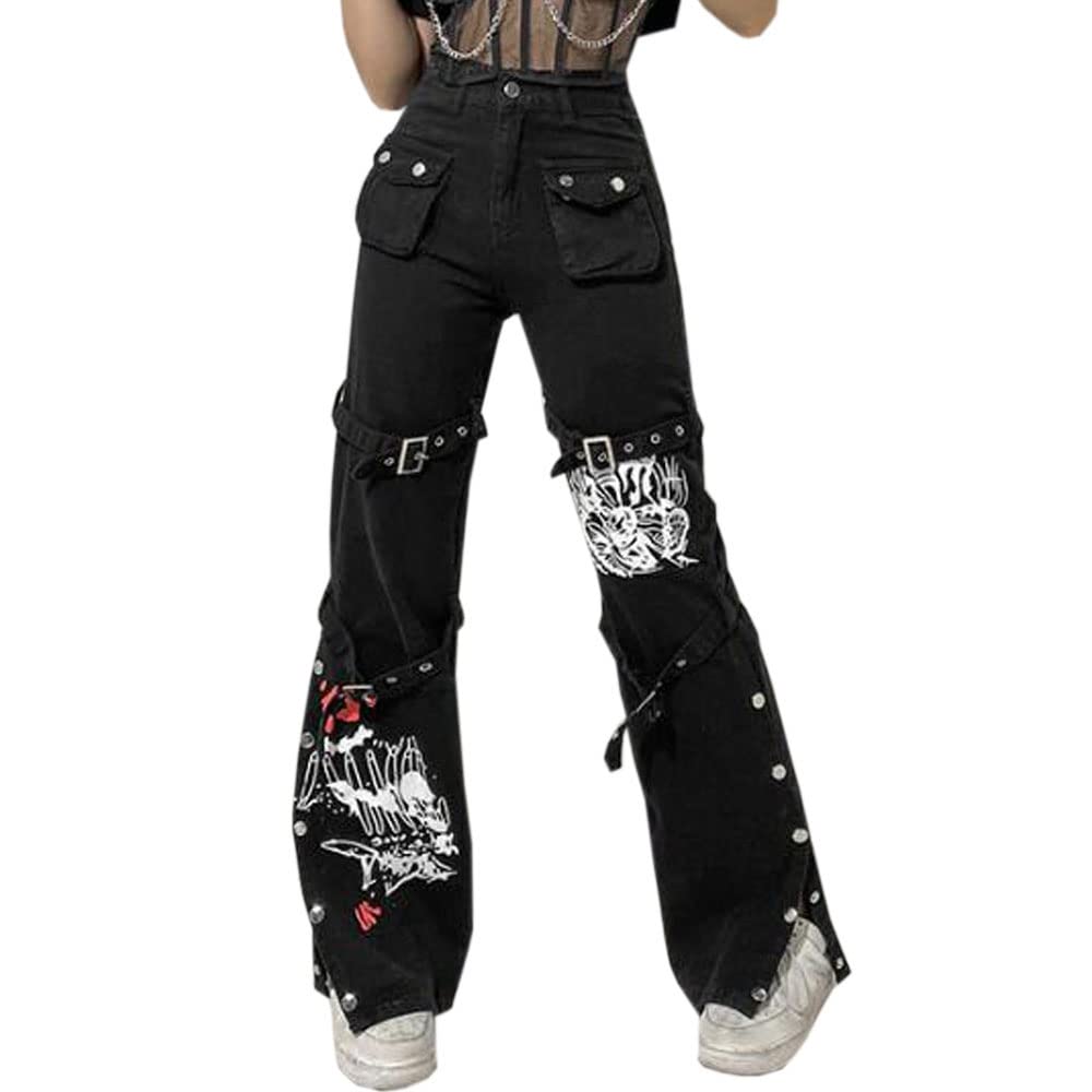 Snllz Women's Y2K Gothic Cargo Pants - Wide Leg Baggy Jeans Punk Aesthetic Trousers | Harajuku Streetwear for Casual Outfits, Concerts & Alternative Fashion
