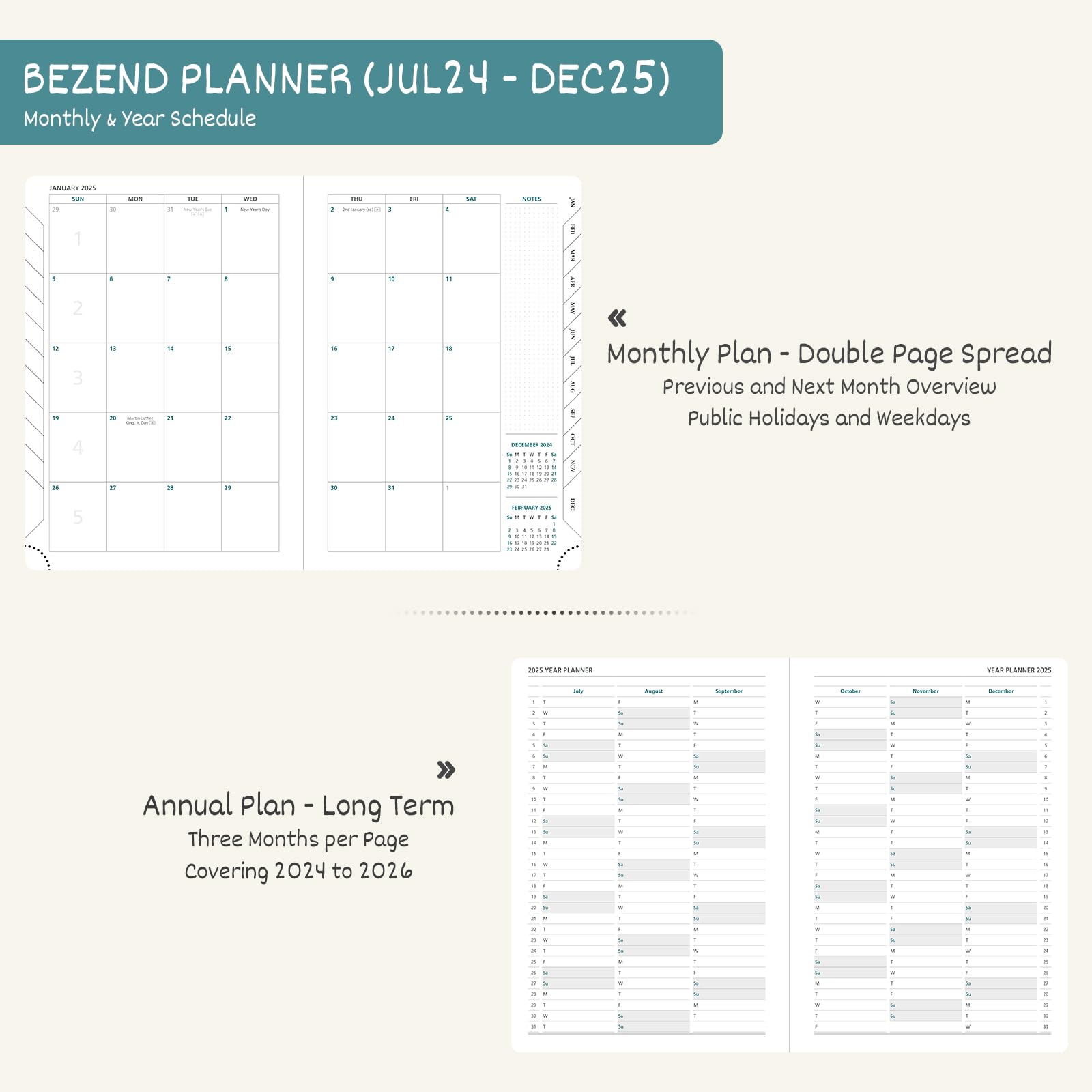 BEZEND 2024-2025 18-Month Academic Planner (July 2024 - December 2025) - Lavender Vegan Leather Hardcover, 5.8