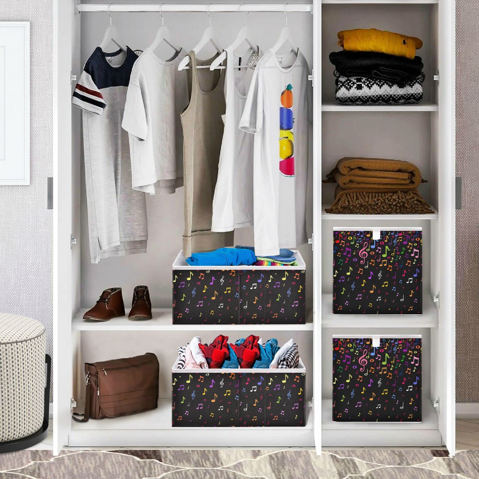 DOMIKING Foldable Linen Storage Bins with Handles - Music Note Pattern Decorative Organizer Box for Closet, Shelves & Bedroom - Perfect for Gift Wrapping, Jewelry & Seasonal Decor Storage