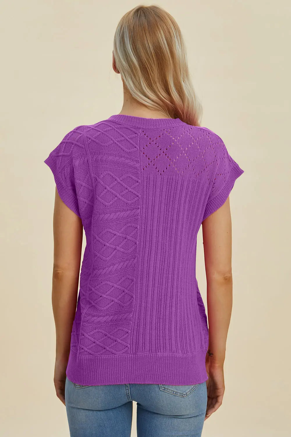 Double Take Full Size Cable Knit Round Neck Cap Sleeve Sweater for Women - Cozy Winter Pullover for Office, Date Night & Casual Outfits