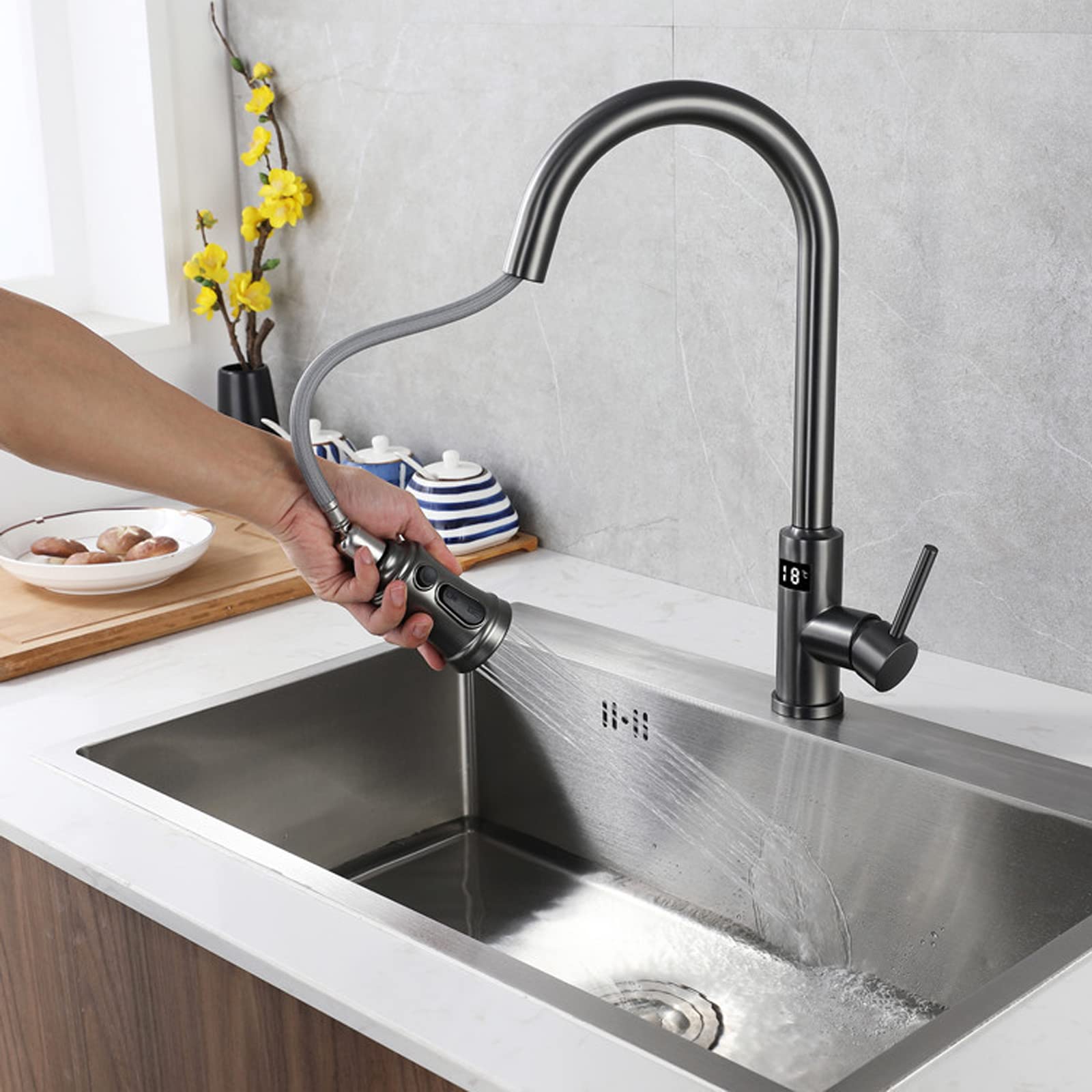 Smart LED Digital Display Touch Kitchen Faucet with Pull Down Sprayer - Single Handle Stainless Steel Sink Faucet for Modern Kitchens | Perfect for Cooking, Washing Dishes & Home Renovation