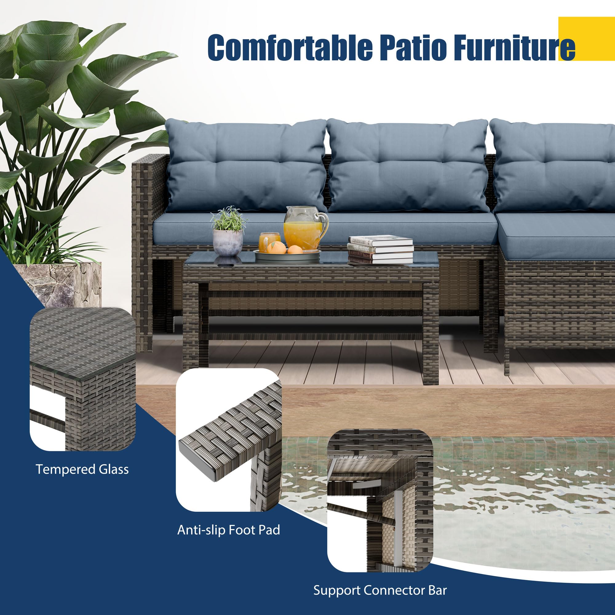 Vongrasig 3-Piece All-Weather Wicker Patio Furniture Set - Outdoor Sofa Sectional with Cushions & Glass Table - Blue Garden Conversation Set for Backyard, Deck, Poolside or Balcony