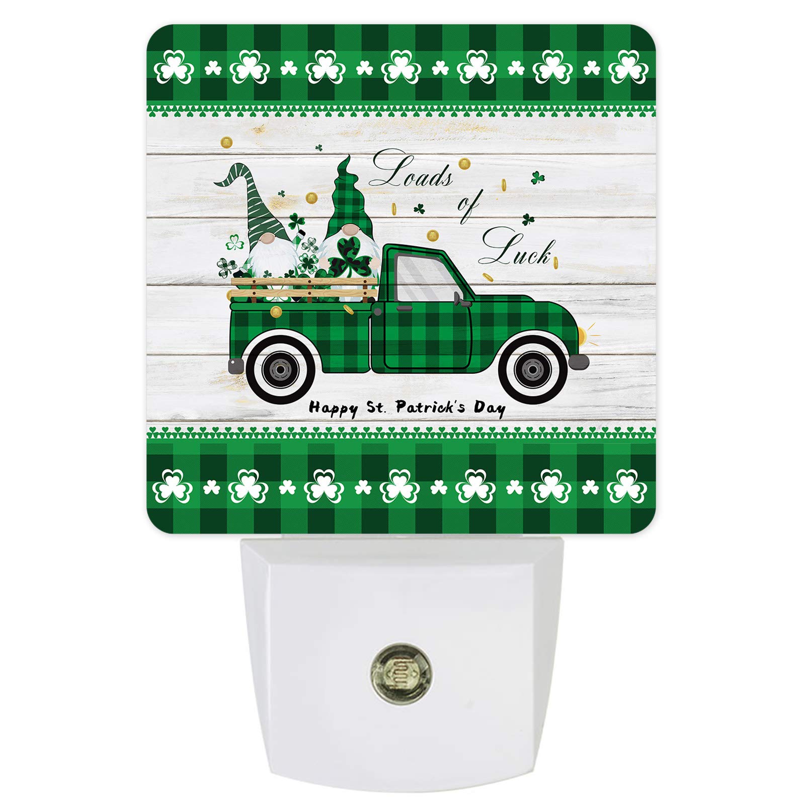 Lucky Gnome LED Night Light with Auto Sensor - St. Patrick's Day Decor for Bedroom, Hallway & Nursery - Plug-in Wall Light with Dimmer for Kids & Adults - Green Truck Design for Home & Office Decor