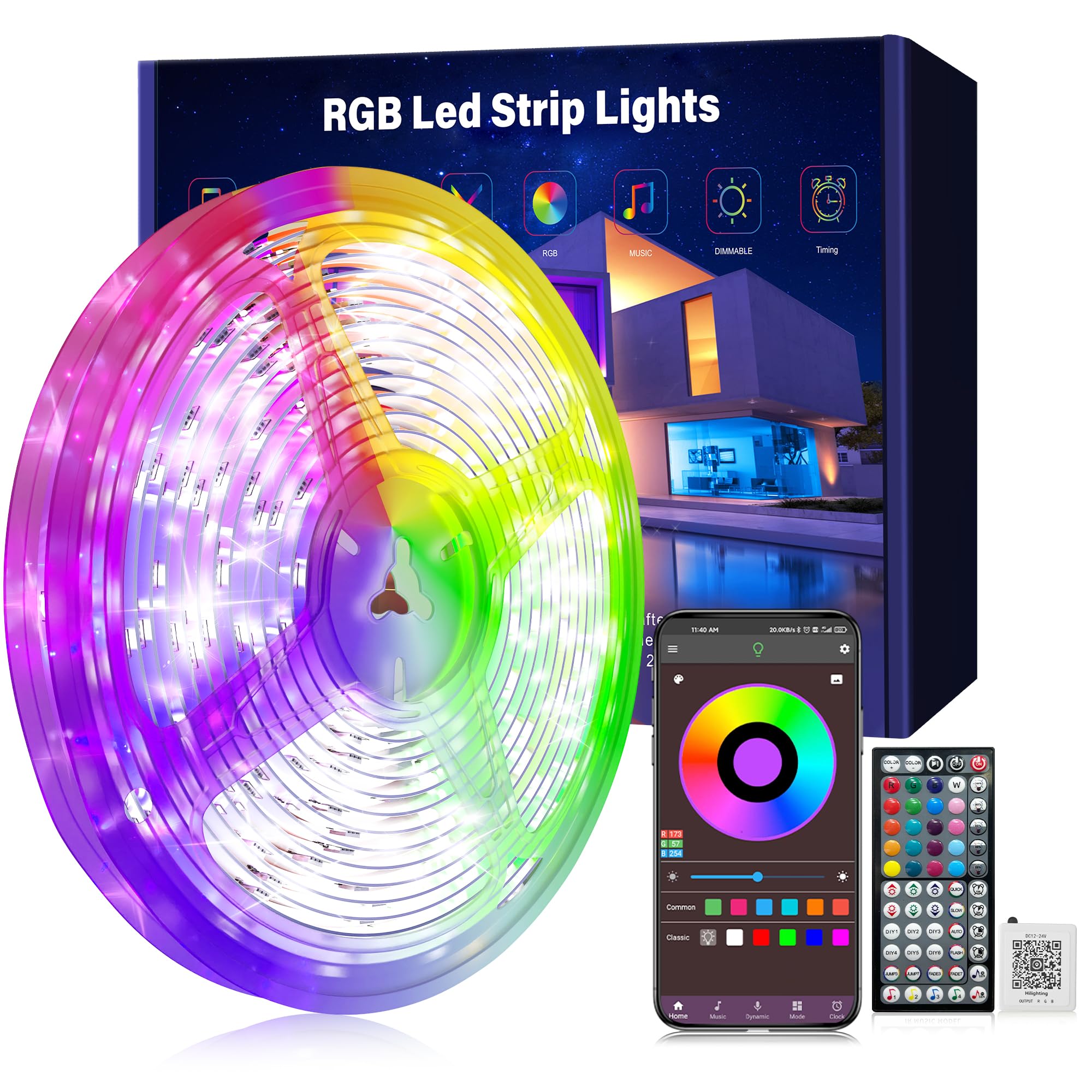 100ft RGB LED Strip Lights with Music Sync & App Control - Color Changing Bedroom Lights, 60-Key Remote, for Home, Party, Room Decoration (1 Roll of 100ft) - Perfect for Mood Lighting, Gaming Setup & Holiday Decor