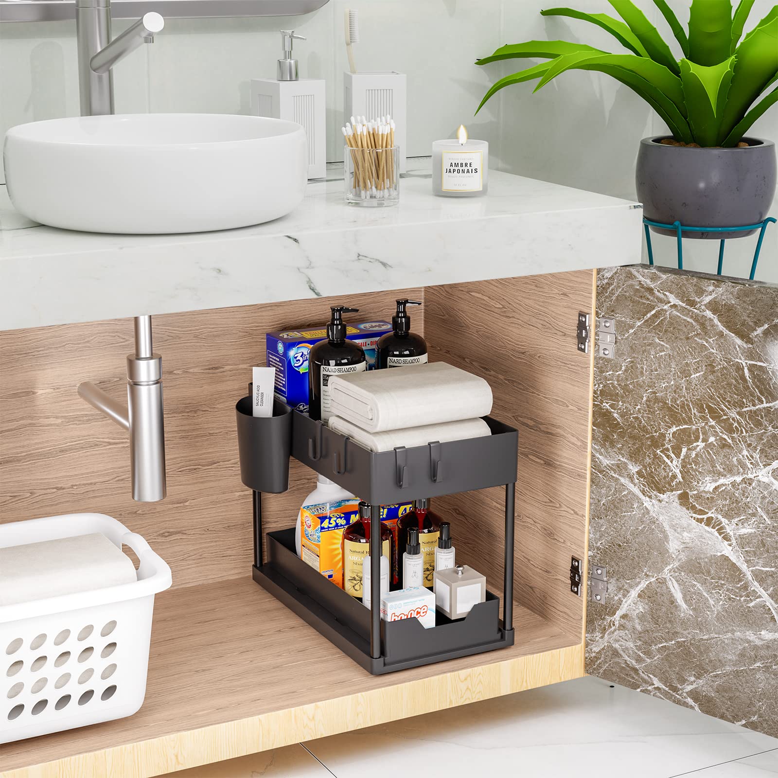 Puricon 2-Tier Under Sink Organizer - Space Saving Kitchen & Bathroom Storage Shelf, Multi-Purpose Cabinet Organizer for Sponges, Cleaners & Supplies - Black - Perfect for Small Spaces & Clutter-Free Homes