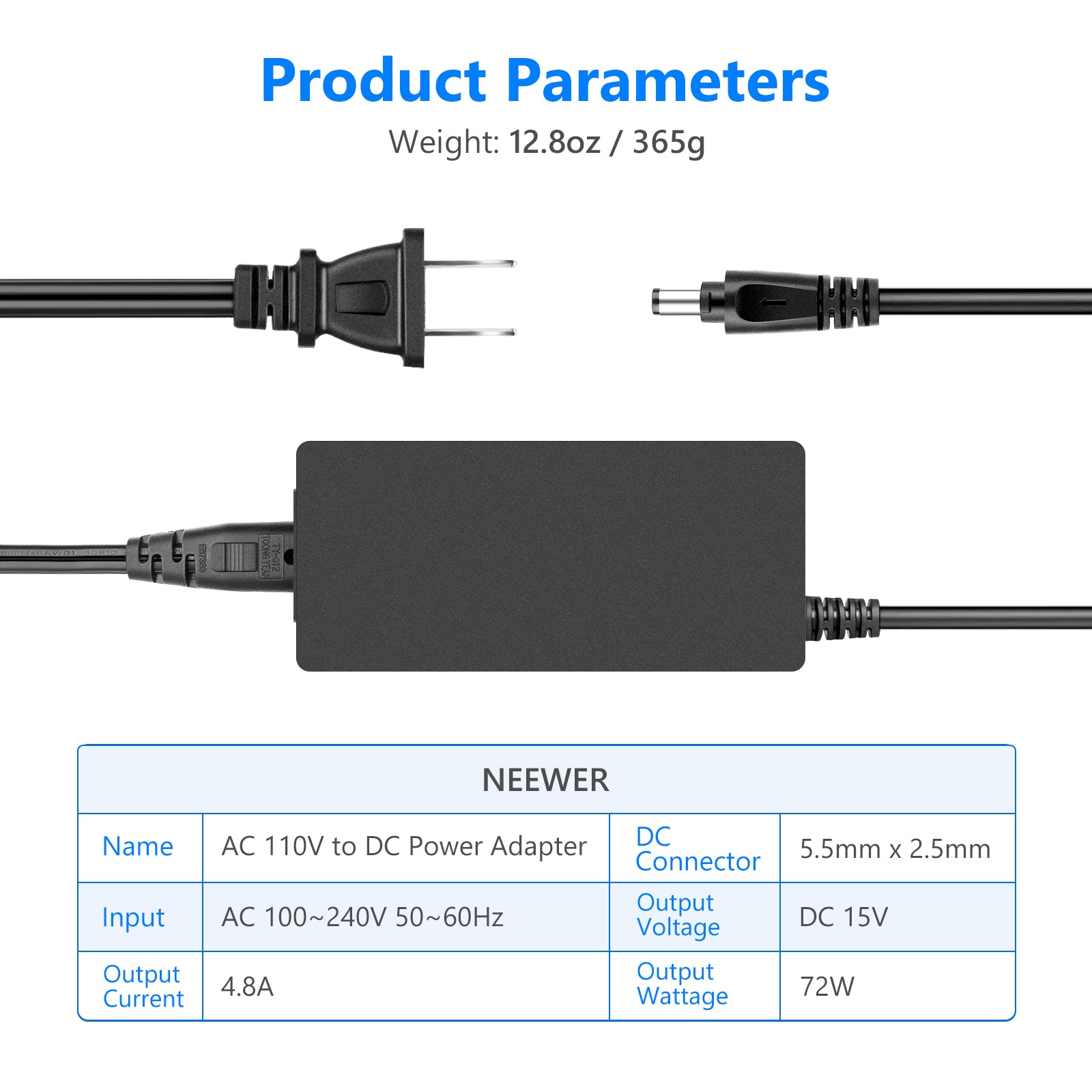 NEEWER AC 110V to DC 15V Power Adapter for Ring Light - Compatible with LED Photography Lighting, Video Studio Equipment, and Streaming Setup (Perfect for YouTube, TikTok, and Live Broadcasts)