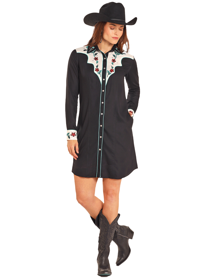Panhandle LWD2R04664 Women's Long Sleeve Yoked Snap Embroidered Dress Black - Perfect for Casual Outings, Church Events & Fall Weddings