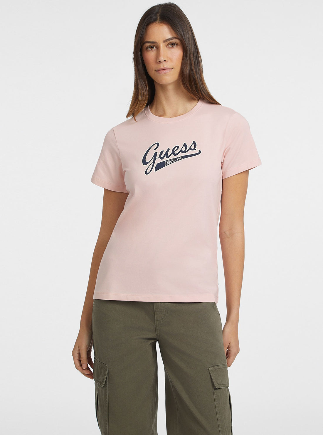 Guess Women's Light Pink Script Logo T-Shirt - Casual Cotton Tee for Everyday Wear & Outfits