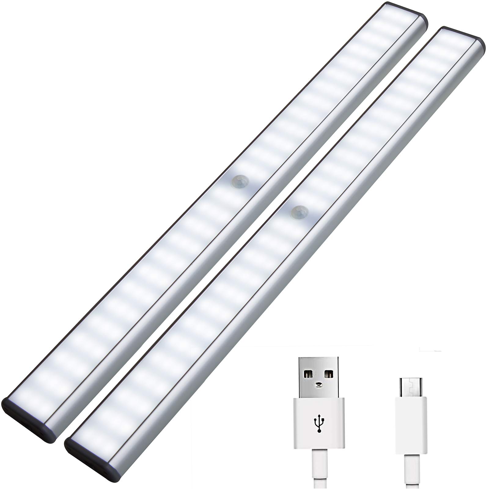 Otinlai 78 LED Under Cabinet Lights with Motion Sensor - Wireless USB Rechargeable Battery Operated Magnetic Stick-on Closet Lighting (2 Pack, Silver White) - Perfect for Kitchen, Wardrobe, Garage & Staircase Lighting