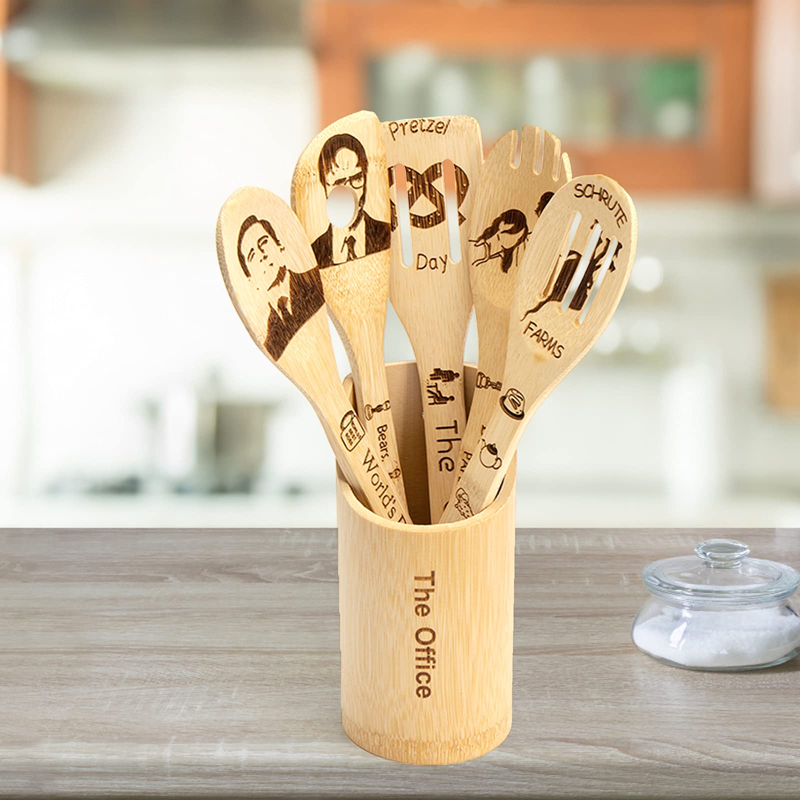The Office Wooden Spoon Set - 6-Piece Non-Stick Kitchen Utensils with Holder | TV Show Merchandise Gifts for Fans | Cooking, Serving & Housewarming Decor Present for Women & Moms | Perfect for Cooking Shows, Fan Gift Exchanges & Kitchen Decor