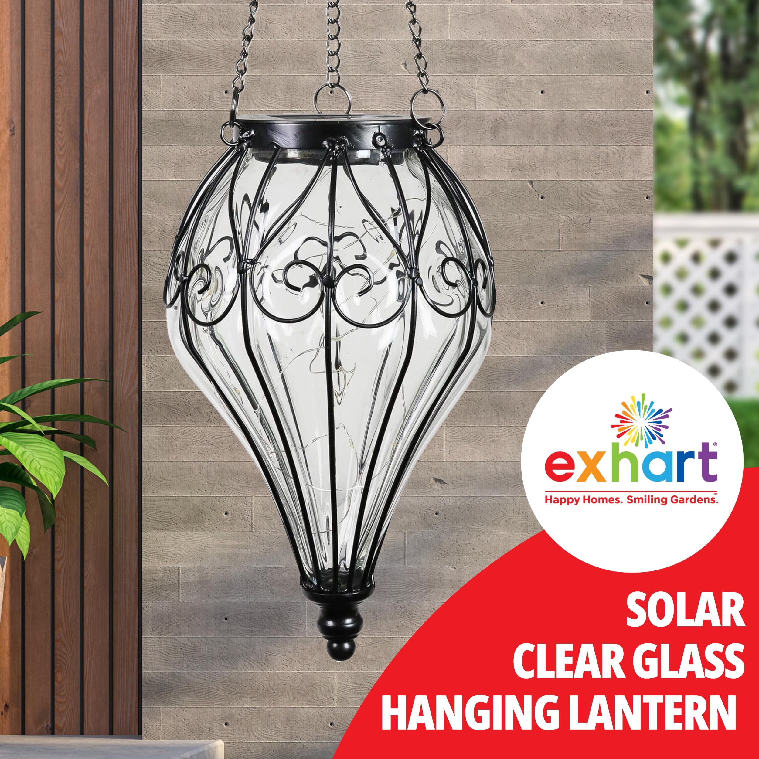 Exhart Solar Garden Lights - 15 LED Firefly Hanging Lanterns, Tear Shaped Outdoor Decor with Clear Glass & Metal, 6.5x6.5x23.5 Inch - Perfect for Patio, Backyard, Pathway & Wedding Decorations