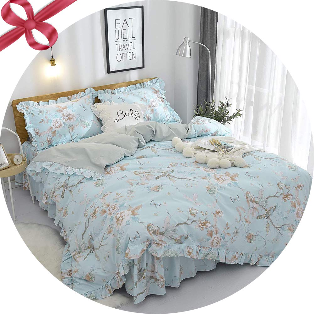 FADFAY Farmhouse Floral Bedding Set - Shabby Chic Blue Bird Print French Country Style Luxury 4-Piece Twin Size Bedding with 800 Thread Count 100% Egyptian Cotton - Perfect for Guest Rooms, Master Bedrooms & Cozy Cottage Decor