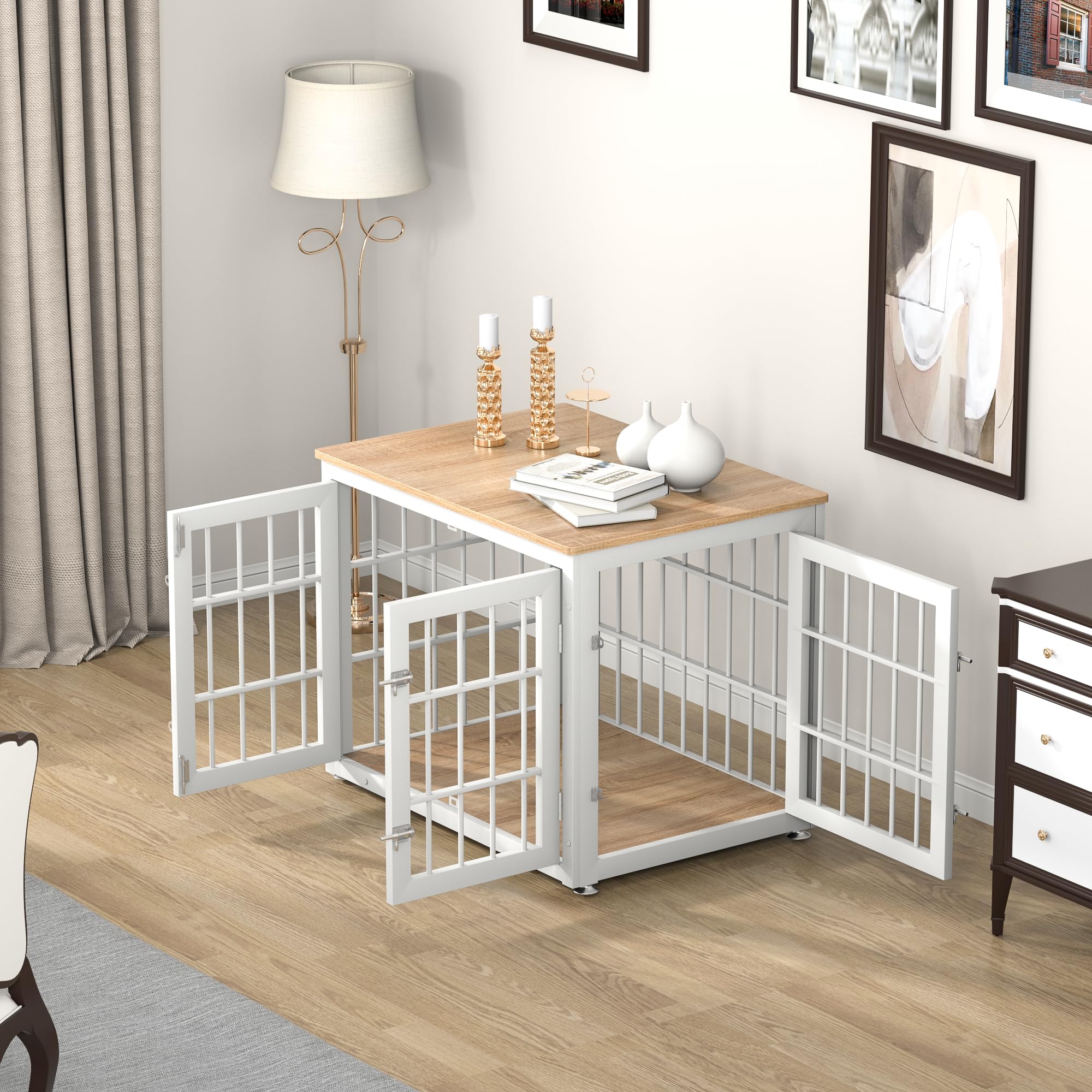 Heavy Duty Wooden Dog Crate Furniture for Small & Medium Dogs - Decorative Pet House End Table with Kennel - Indoor White & Natural Dog Cage for Living Room, Bedroom or Office