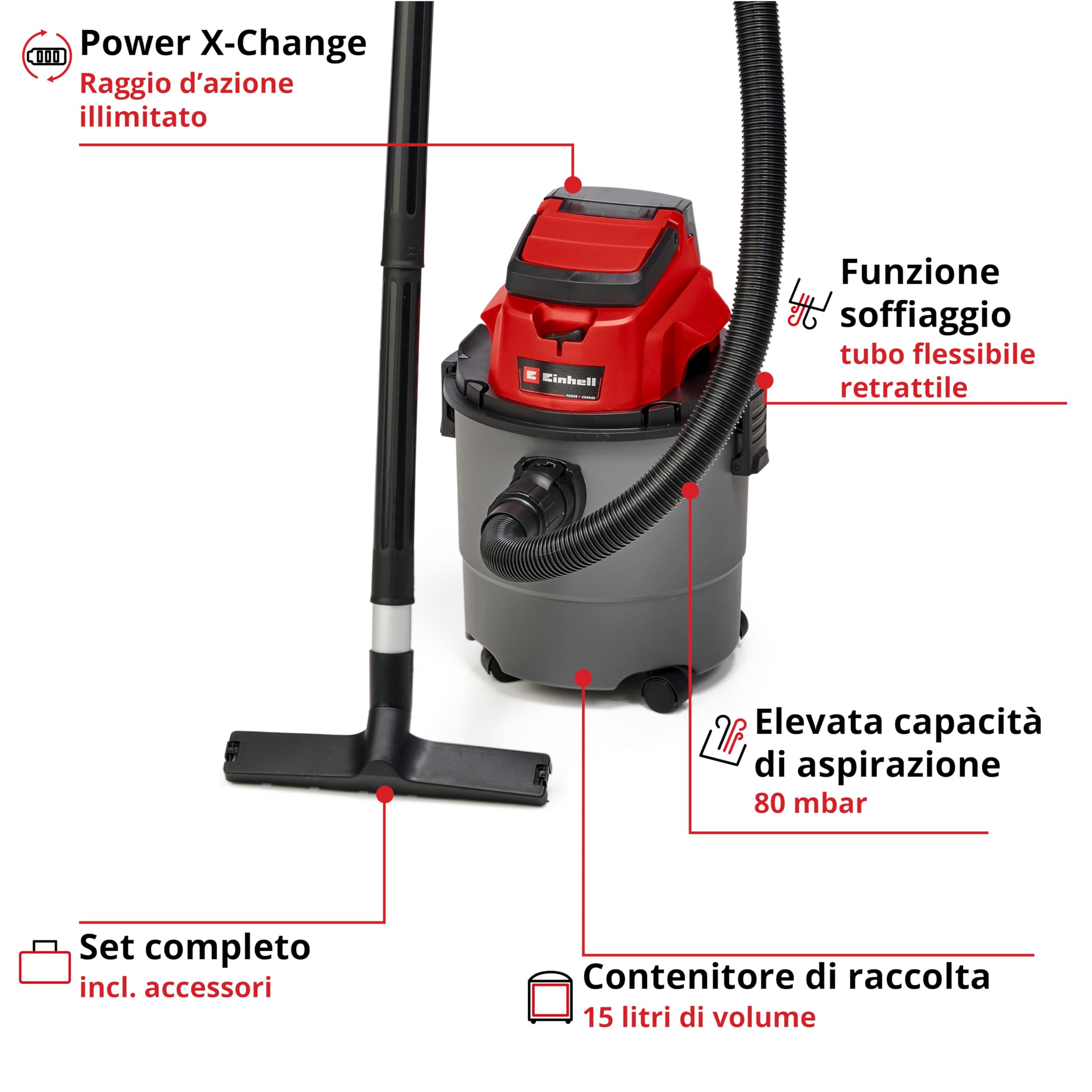 Einhell TC-VC 18/15 Li-Solo Cordless Wet/Dry Vacuum Cleaner - 18V, 15L Capacity, 80 mbar Suction, 150cm Hose, Blower Function (Battery & Charger Not Included) - Ideal for Home, Garage, Workshop, and DIY Cleaning Projects