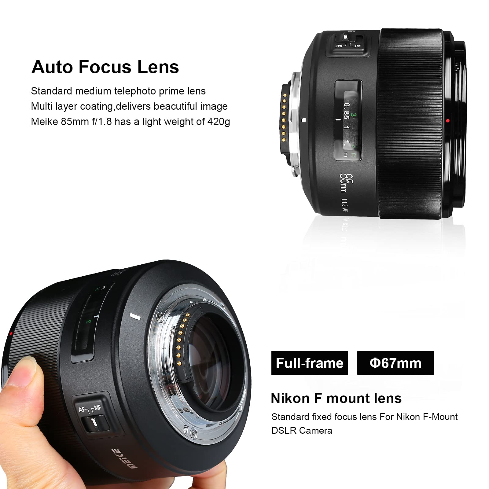 MEKE 85mm f/1.8 Large Aperture Full Frame Auto Focus Telephoto Lens for Nikon F Mount DSLR Cameras - Compatible with D610, D750, D780, D810, D850, D3300, D3500, D5100, D5200, D5300, D7100, D7200 - Perfect for Portrait, Wedding & Low Light Photography
