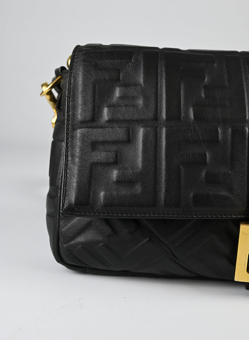 Fendi Black Leather Maxi Baguette Shoulder Bag with FF Logo - Perfect for Work, Travel & Evening Events