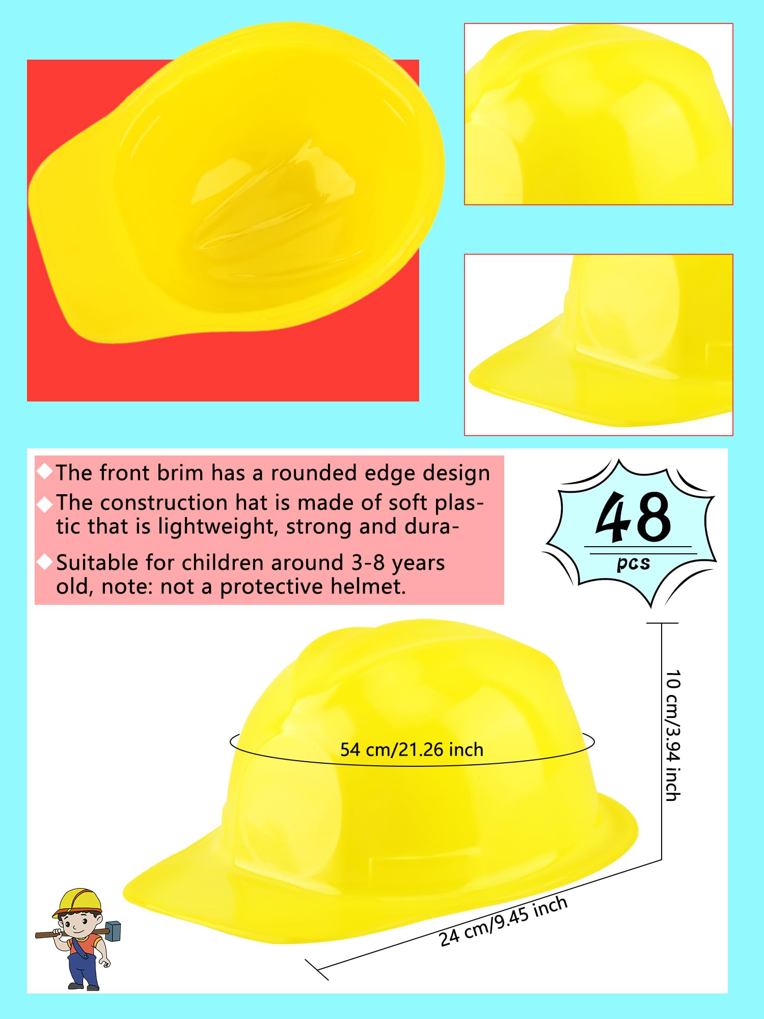 48 Pcs Kids Construction Party Hats - Plastic Construction Worker Hard Hats for Boys & Girls - Halloween, Birthday Party, Role Play & Cosplay Costume Accessories