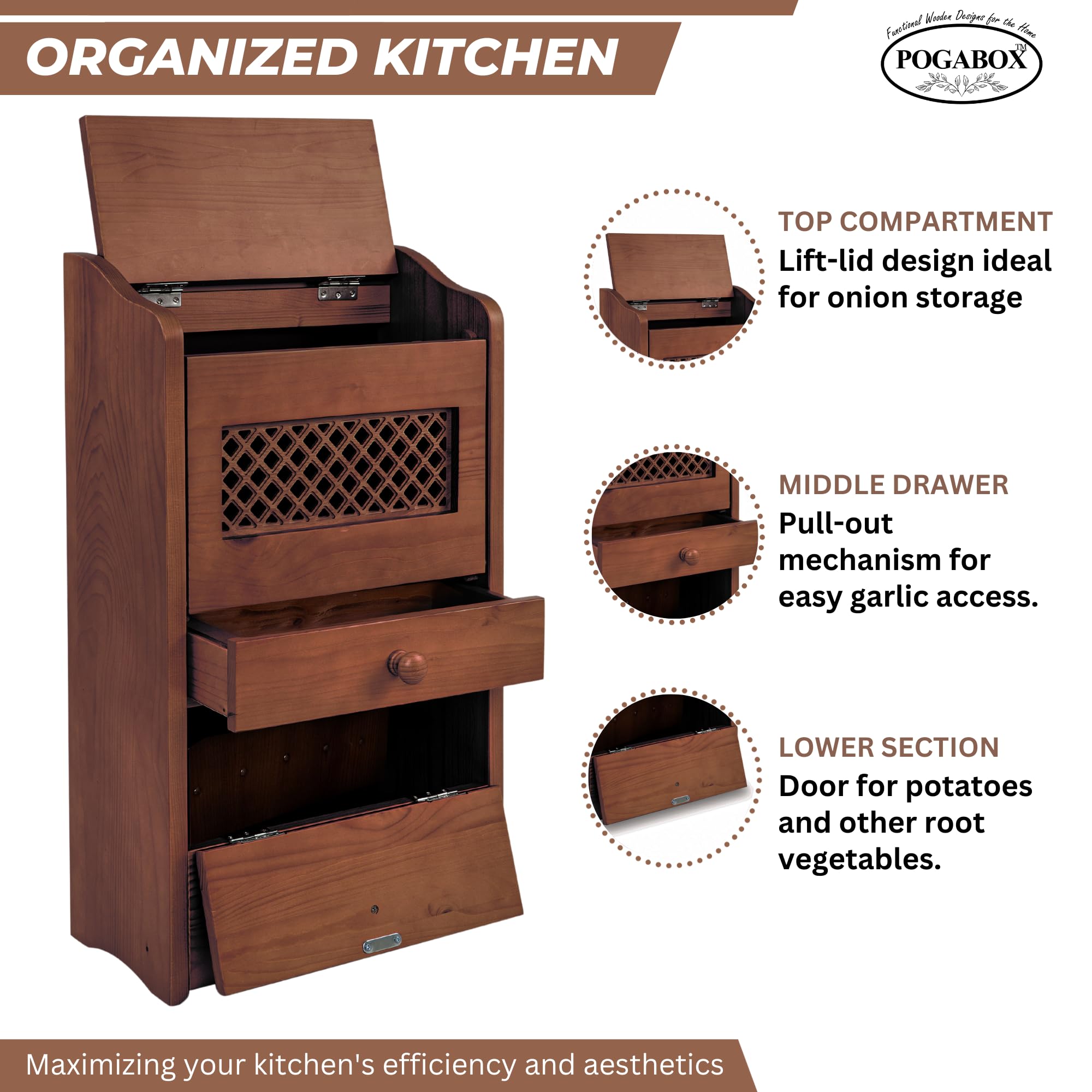 Wooden Potato Onion & Garlic Storage Box - Airtight Kitchen Vegetable Organizer with Flip Top Lid for Fresh Produce Storage | Perfect for Pantry, Countertop & Farmhouse Kitchen Decor