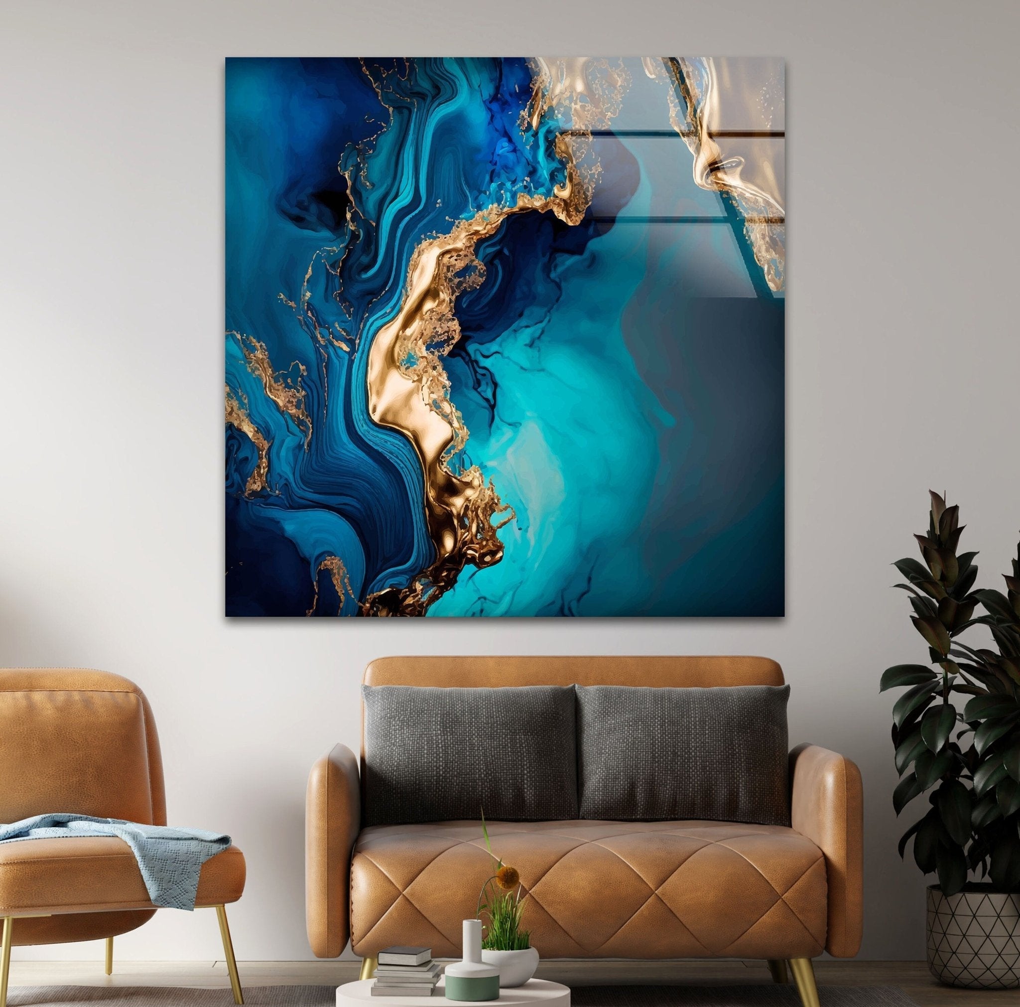 Abstract Turquoise Marble Glass Wall Art - Modern Home Decor for Living Room, Bedroom & Office - Handmade Blue and White Marbleized Glass Panel