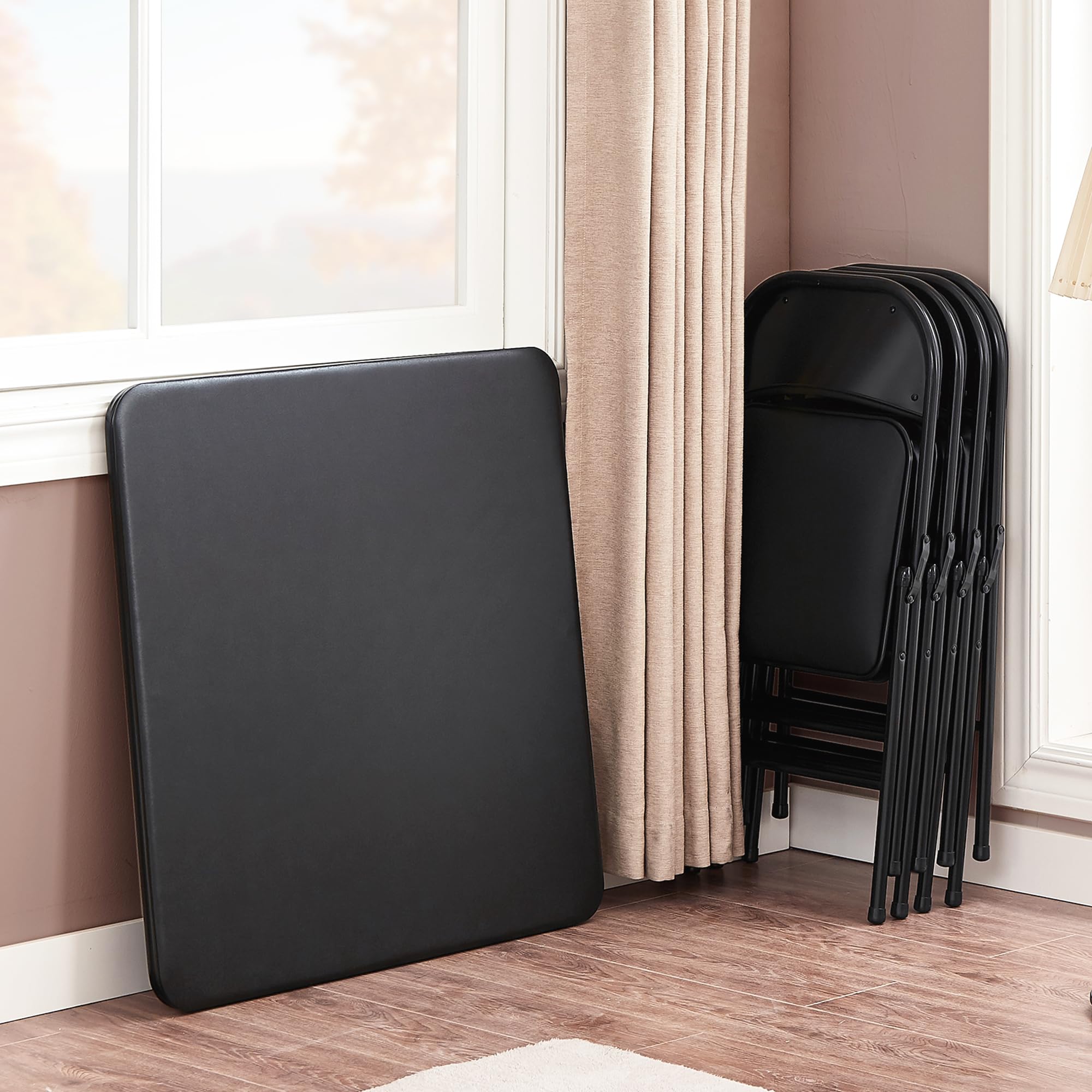 VECELO 5-Piece Folding Card Table and Chair Set - Portable Game Table with Padded Tabletop, No Assembly Required, Black - Perfect for Indoor/Outdoor Parties, Poker Nights, and Family Gatherings