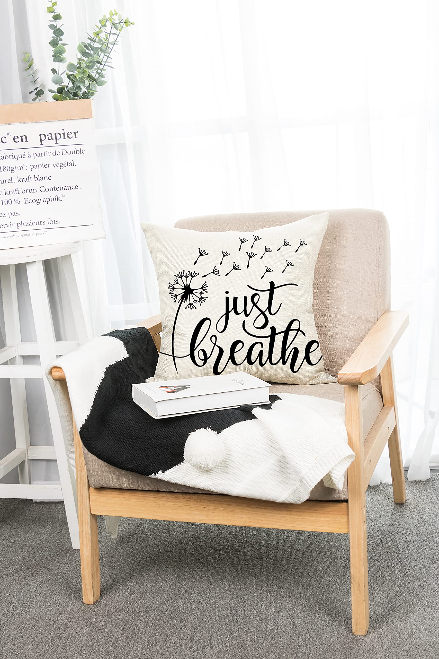 Farmhouse Pillow Covers 18x18 Inch - Rustic Home Decor with 'Just Breathe' Quote - Cozy Living Room Throw Pillow Cases for Sofa, Bedroom & Housewarming Gifts