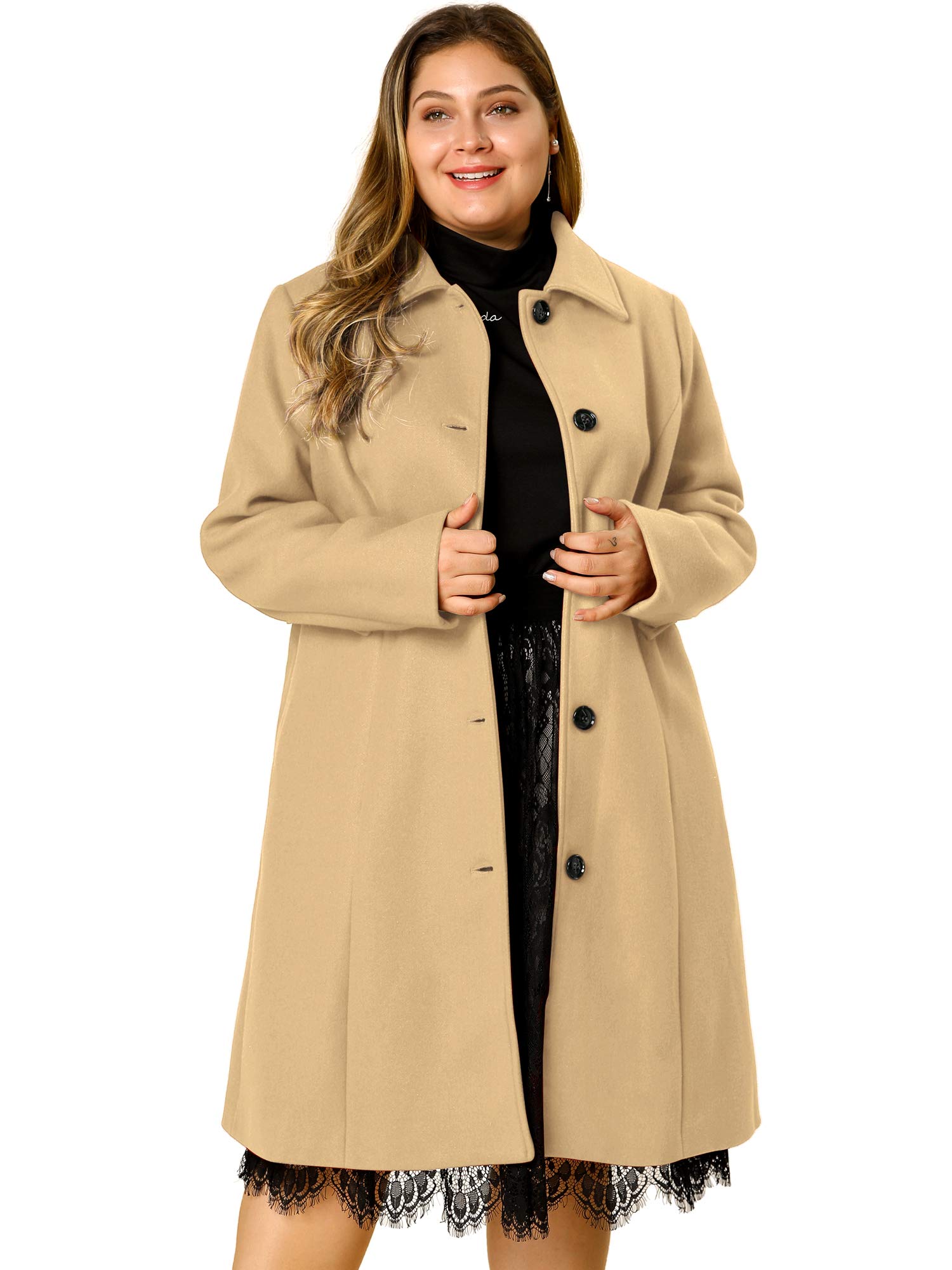 Agnes Orinda Women's Plus Size Single Breasted Belted Winter Long Coat - Warm Wool Blend Trench Coat for Cold Weather, Office & Outdoor Activities