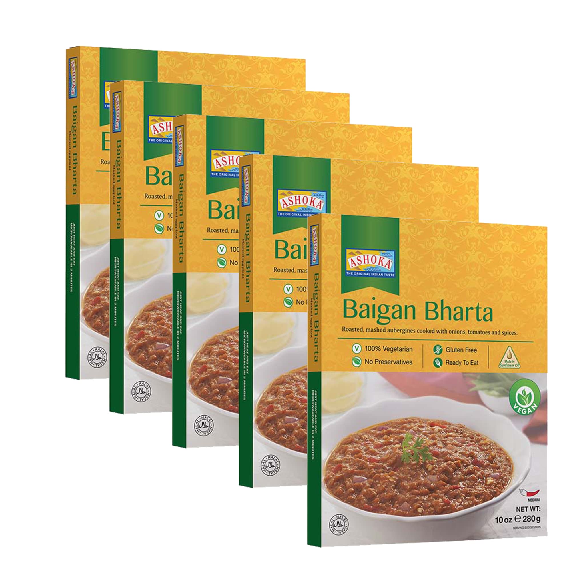 Ashoka All-Natural Vegan Mashed Aubergines (Baigan Bharta) - Kosher Certified, Gluten-Free, Microwave Ready Meals - Pack of 10 - Perfect for Camping, Hiking & Emergency Food Supply