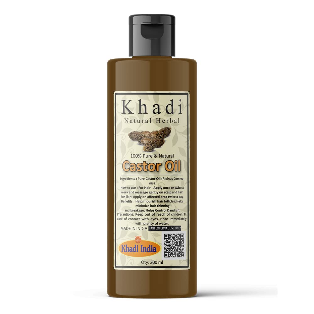 Khadi Natural Herbal Cold Pressed Castor Oil for Hair Growth & Skin Care - 100% Pure Organic Jamaican Black Castor Oil (200ml) - Promotes Thicker Hair, Eyebrow Growth & Moisturizes Dry Skin - Perfect for Natural Hair Care Routine & DIY Beauty Treatments