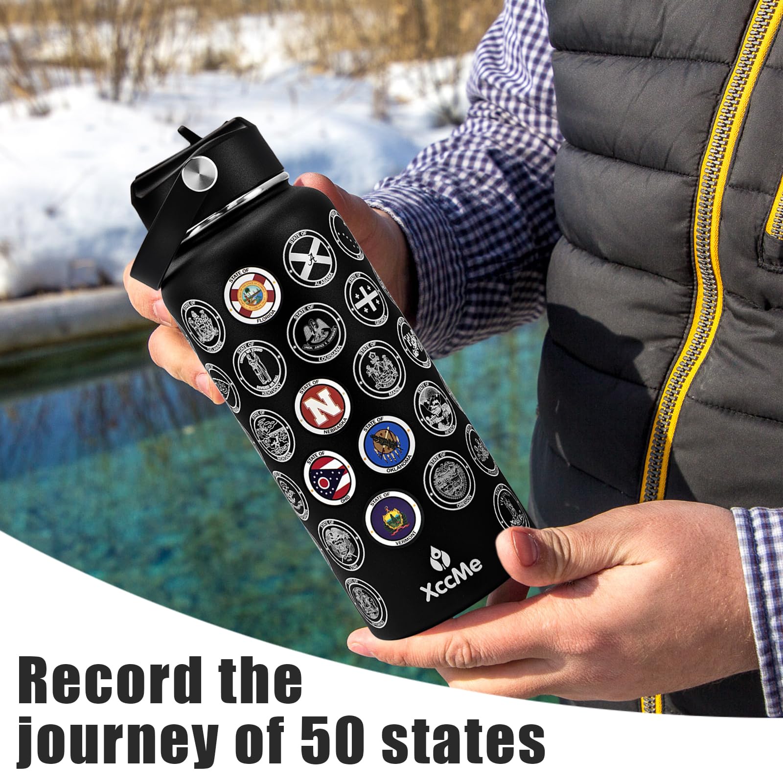 50 States Travel Water Bottle - 32oz Insulated Stainless Steel with 2 Lids, Stickers, Straw & Silicone Boot | Leakproof Vacuum Flask for Hiking, Camping & Road Trips | USA Bucket List Gift Idea (Black)