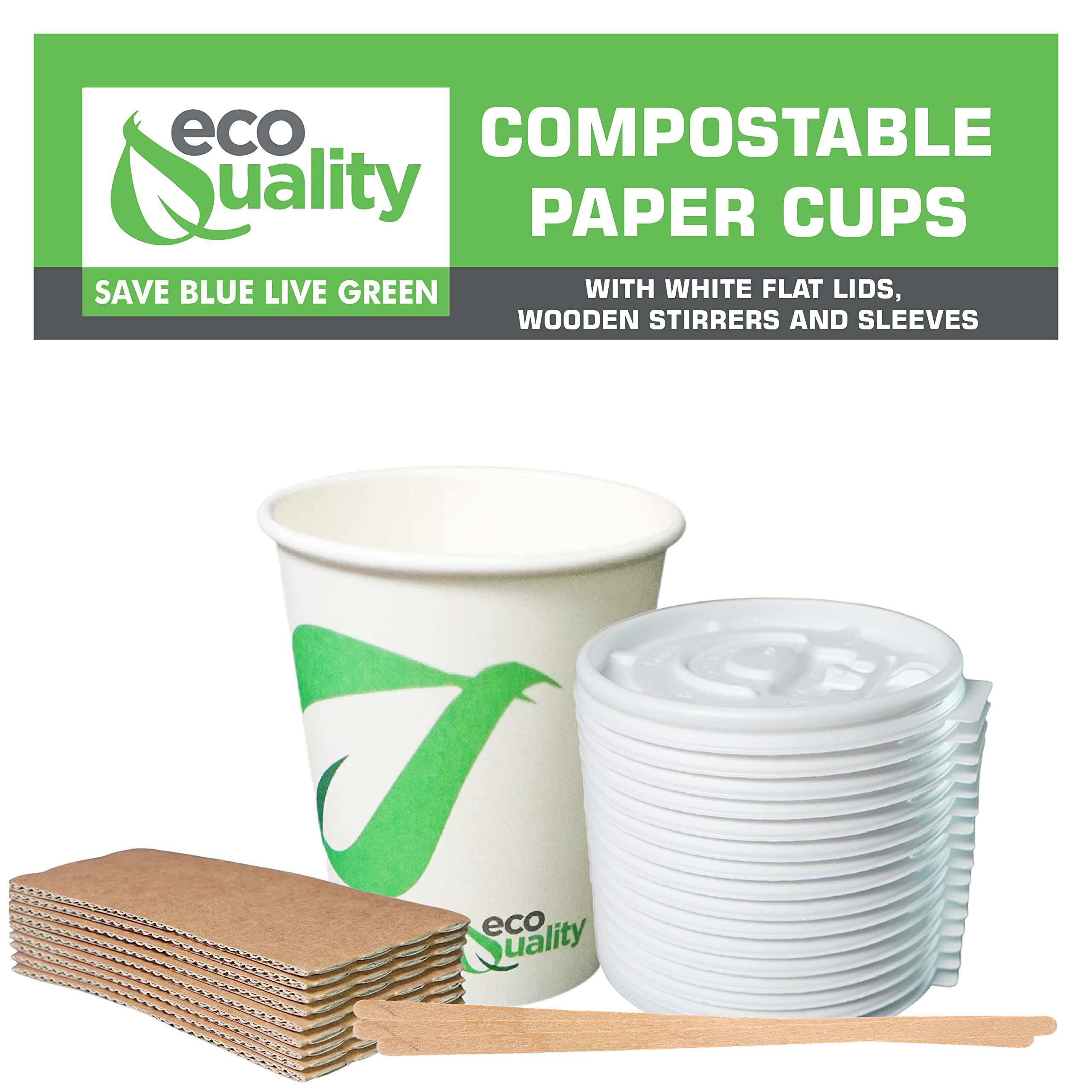 12 oz Biodegradable Compostable Paper Coffee Cups with White Flat Lids, Sleeves & Wooden Stirrers - PLA Lined Eco-Friendly Disposable Cups for Hot & Cold Beverages (300 Pack) - Perfect for Coffee Shops, Offices, Parties & Sustainable Events