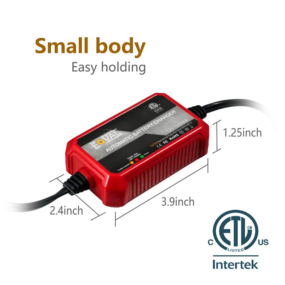 Foval 12V 1000mA Smart Automatic Trickle Battery Charger - Maintains Car, Motorcycle, RV & Marine Batteries - Perfect for Winter Storage & Long-Term Vehicle Maintenance