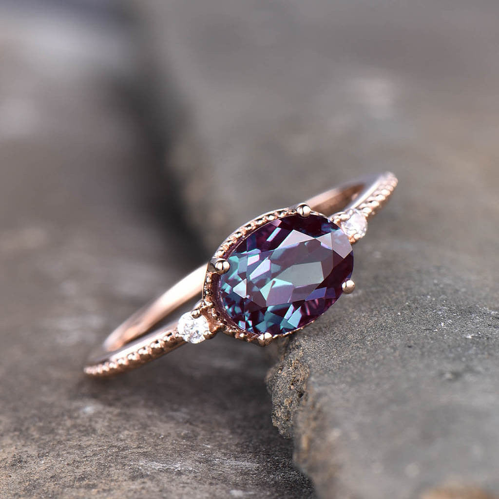 Milgrain Alexandrite Engagement Ring in Rose Gold - East to West Three Stone Ring for Women | Perfect for Weddings, Anniversaries & Proposals