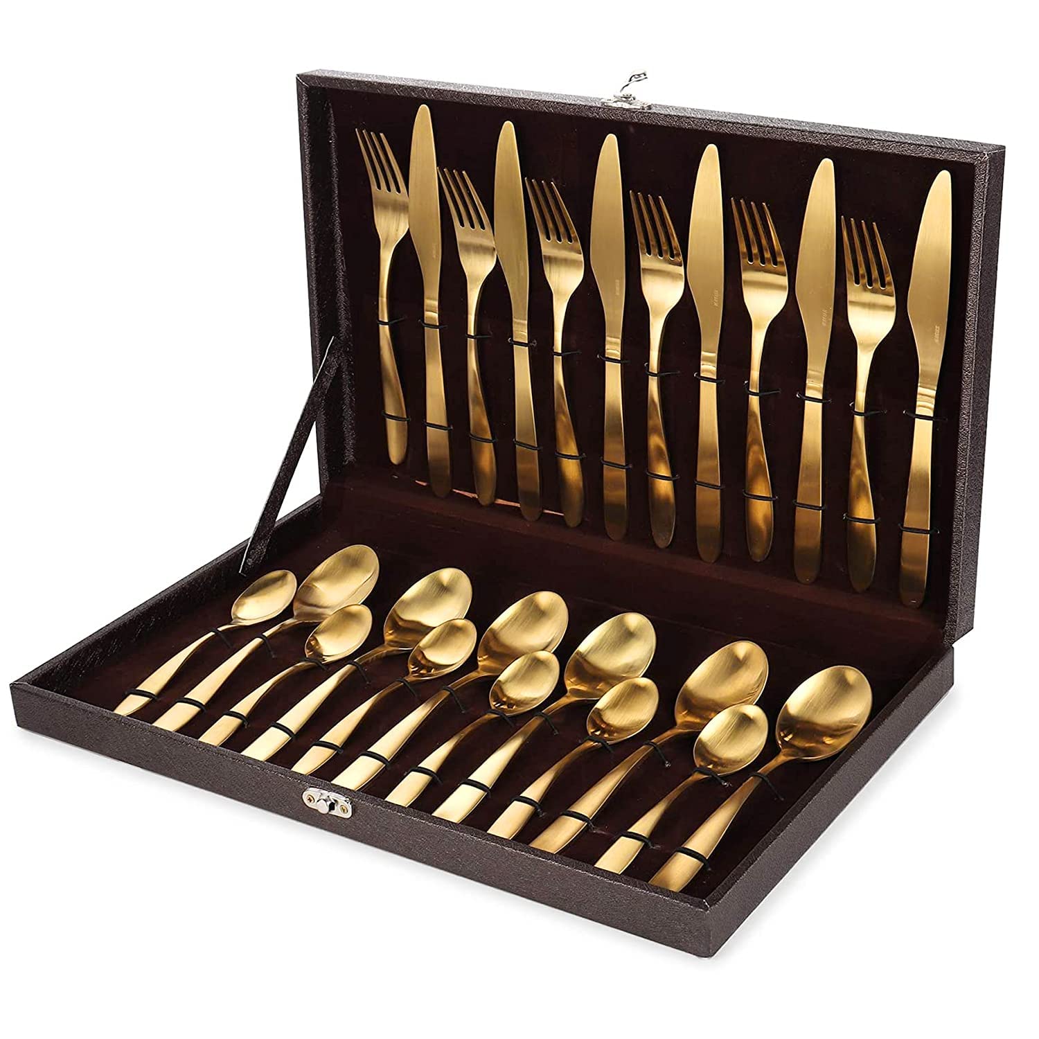 Premium 24-Piece Stainless Steel Gold PVD Coated Flatware Set - Knife, Fork, Spoon & Teaspoon for 6 People with Portable Gift Box & Organizer | Elegant Dinnerware for Weddings, Parties & Home Dining