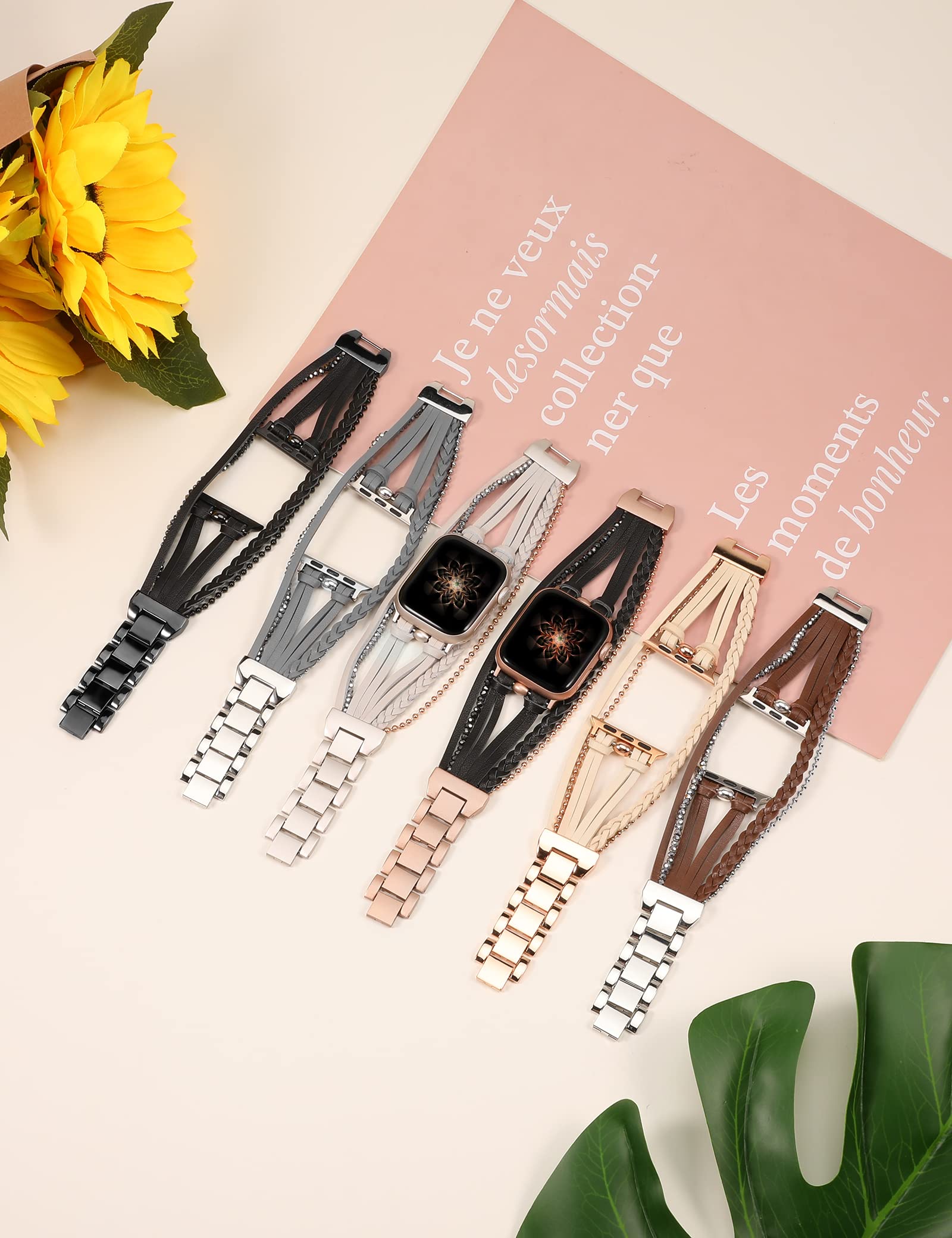 Boho Leather Apple Watch Band 38mm 40mm 41mm 42mm - Handmade Beaded Strap Compatible with Apple Watch Series 10/9/8/7/6/5/4/3/2/1/SE - Stylish Wristband for Women - Perfect for Casual Wear, Boho Fashion & Everyday Accessories