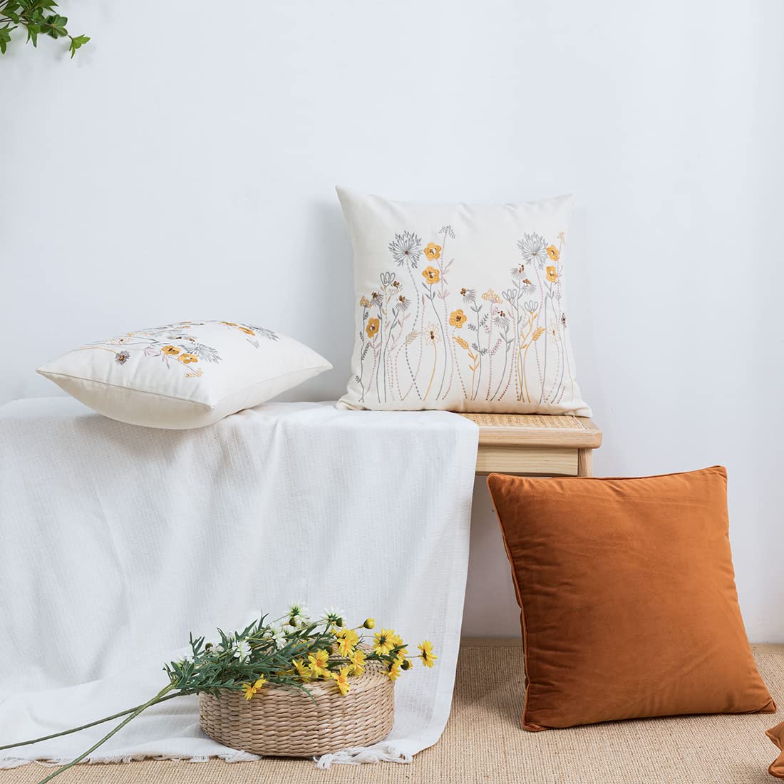 Farmhouse Embroidered Cotton Canvas Throw Pillow Cover 12x20 Inches - Spring Floral Embroidery Cushion Case for Sofa, Couch & Bed Decor - Boho Home Accent (Flower B) - Perfect for Living Room, Bedroom & Cozy Farmhouse Style