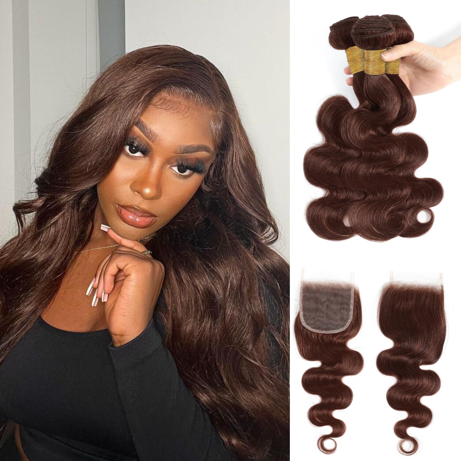 ALHER 10A 100% Unprocessed Virgin Remy Hair Bundles - Chocolate Brown #4 Body Wave with 4x4 HD Lace Closure (16/18/20+16 inches) | Soft, Thick & Natural Looking | Perfect for Everyday Wear, Special Occasions & Protective Styles