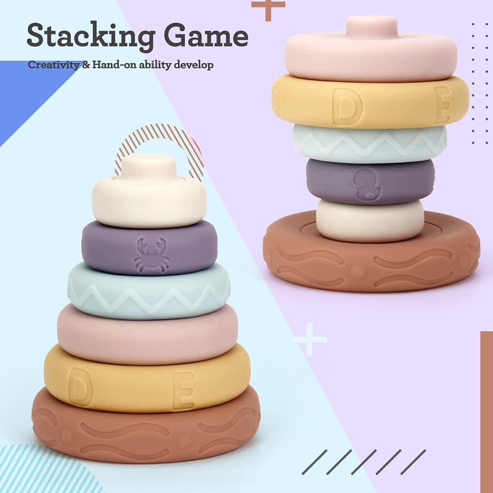 6 PCS Baby Stacking & Nesting Toys - Soft Sensory Blocks with Letters, Animals & Shapes | Early Learning Teether Toys for Infants 6+ Months | Perfect for Playtime, Montessori Education & Toddler Development