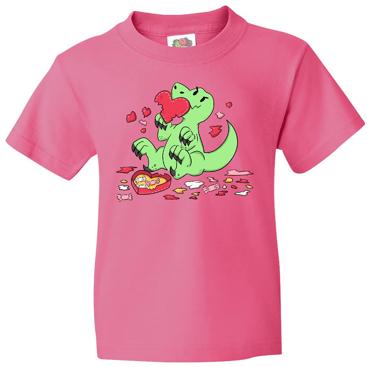 Inktastic Raptor Destroying Heart Chocolate Box Youth T-Shirt | Funny Dinosaur Graphic Tee for Kids | Perfect for Birthday Gifts, School Wear & Casual Outfits