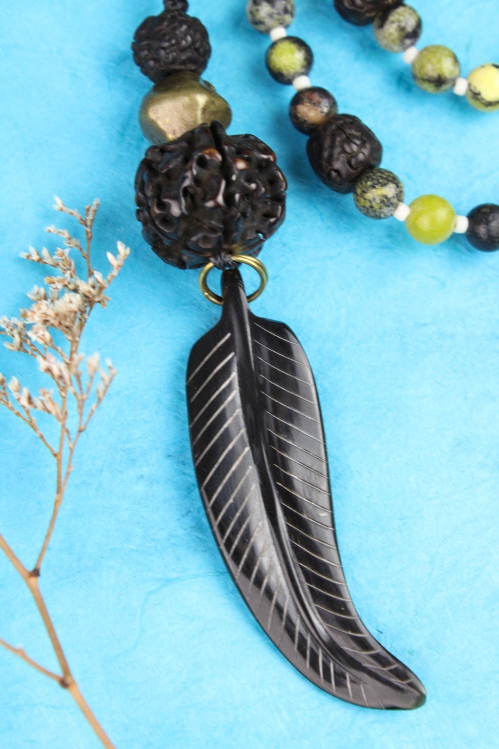 Green Turquoise Bone Feather Mala Beads - Handmade Spiritual Meditation Necklace for Yoga, Chakra Healing & Boho Jewelry