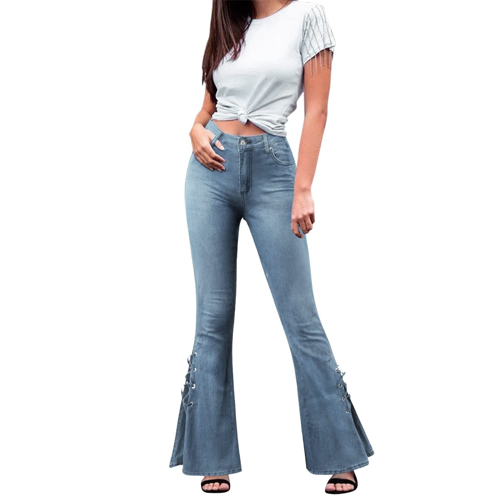 Vintage Women's Ripped Flare Jeans - Mid Waist Stretch Denim Pants for Streetwear & Casual Outfits