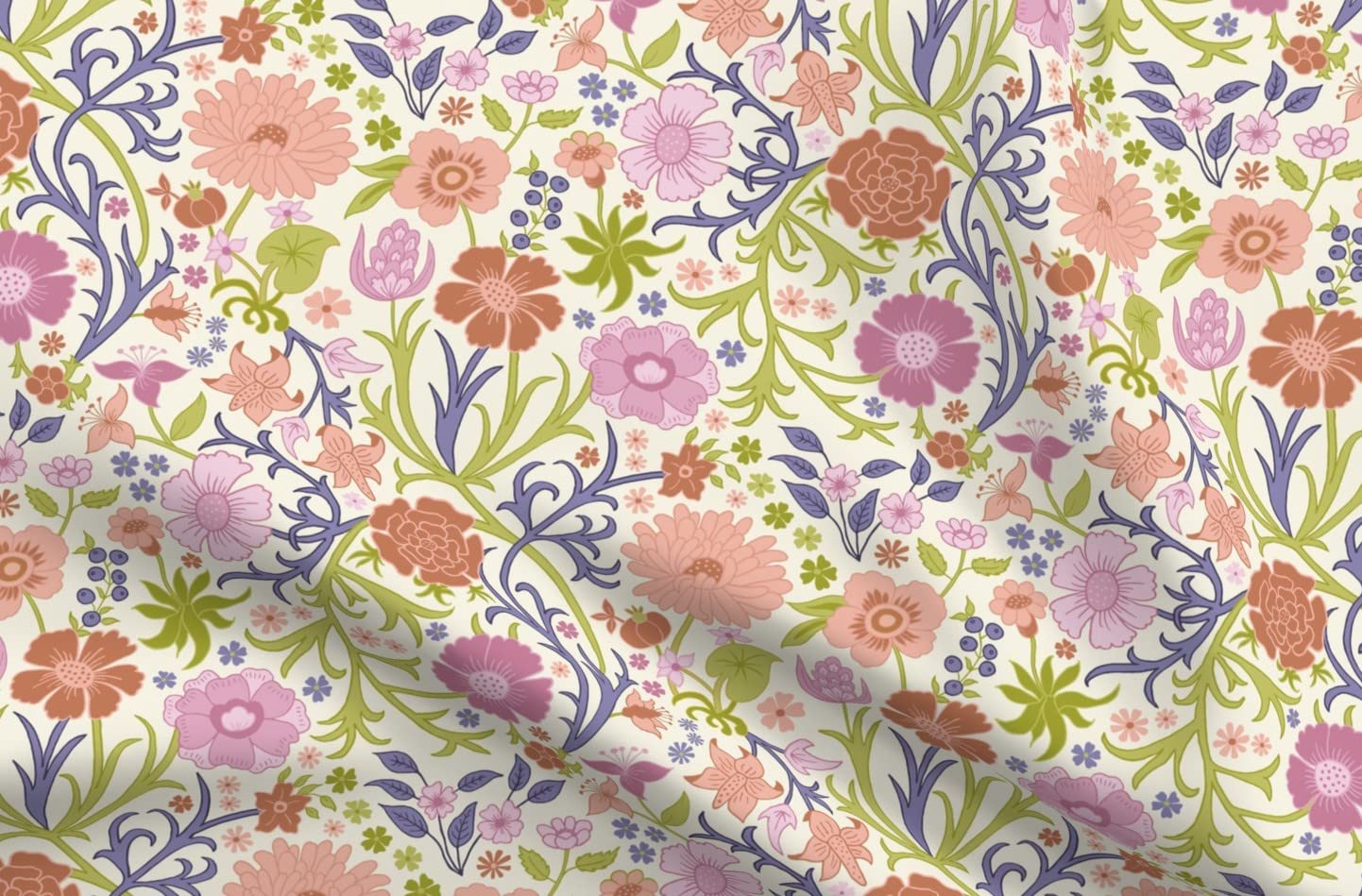 Ornate Floral Pink Flowers Spring Hand Drawn Lavender Easter William Printed Minky Fabric Fat Quarter - Soft Plush Material for Sewing Baby Blankets, Quilt Backing & DIY Crafts - Perfect for Nursery Decor, Easter Gifts & Home Décor Projects