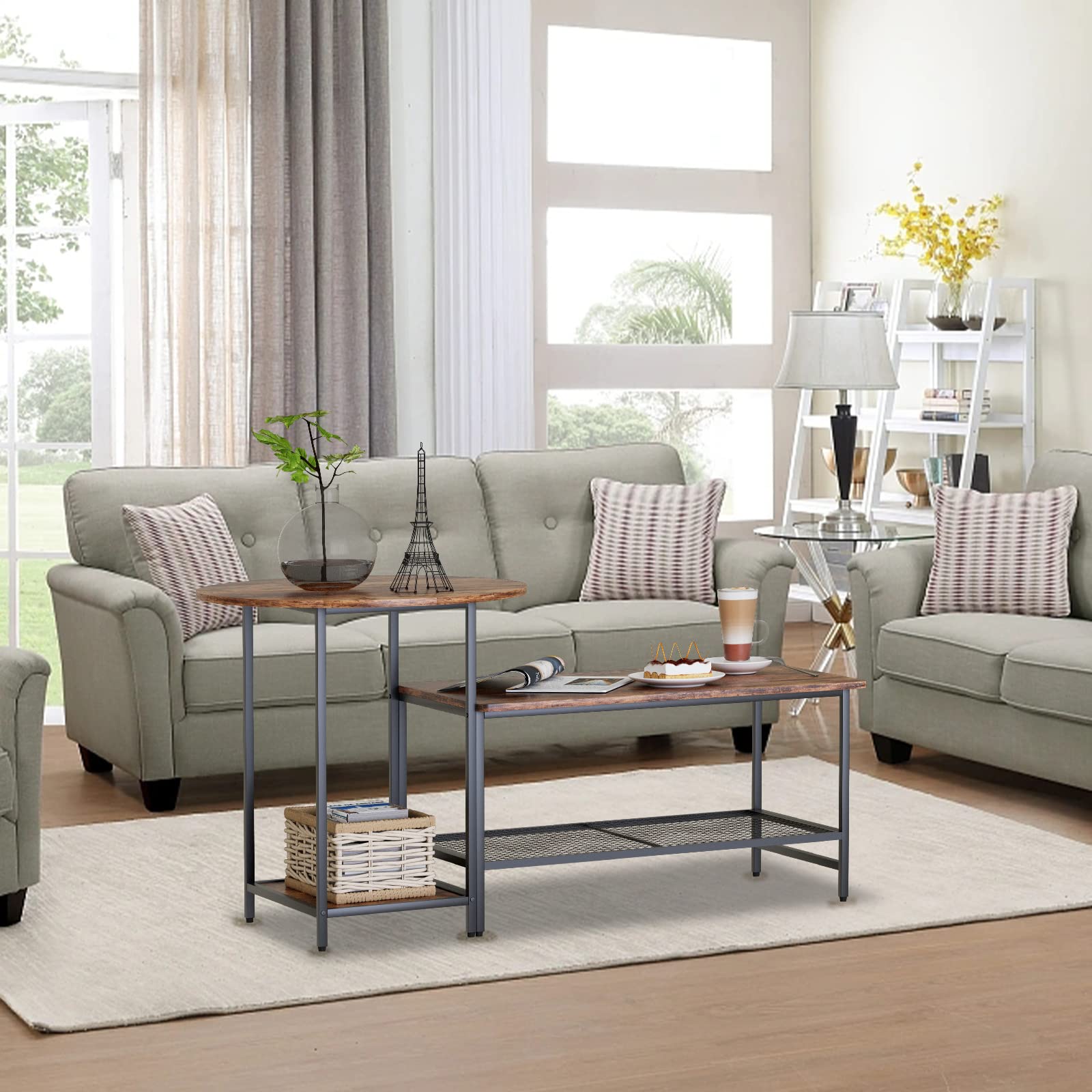 Modern Rustic Brown Coffee Table Set - 2-Tier Round & Rectangular Side Tables with Metal Frame for Living Room, Bedroom, Balcony | Space-Saving Storage Solution for Small Apartments & Cozy Homes