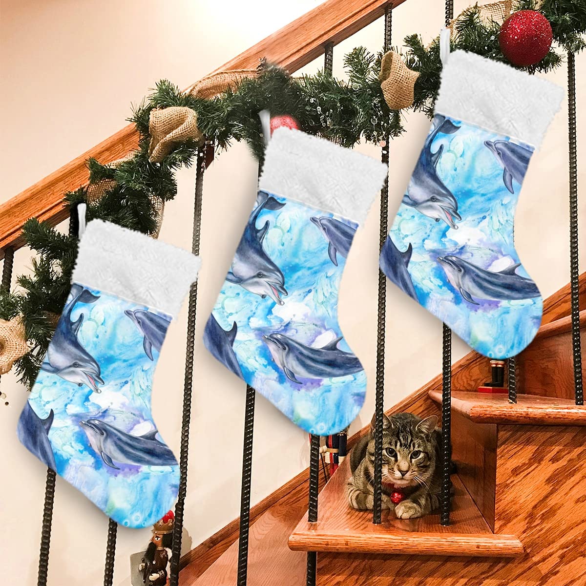 DOMIKING Personalized Large Christmas Stocking - Sea Blue Dolphins Design, Classic Holiday Decor for Family, Party & Festive Season | Perfect for Fireplace Mantel, Gift Exchange & Xmas Decorations