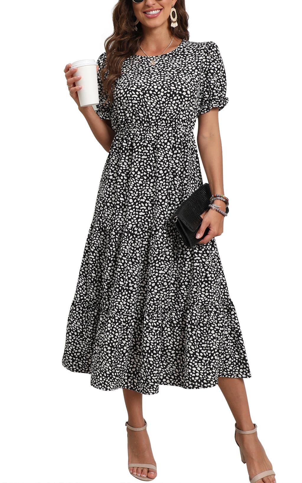 GRECERELLE Women's 2025 Spring Summer Casual Boho Dress - Loose Crewneck, Ruffle Puff Sleeve, High Waist Midi Dress for Beach, Vacation & Summer Outings