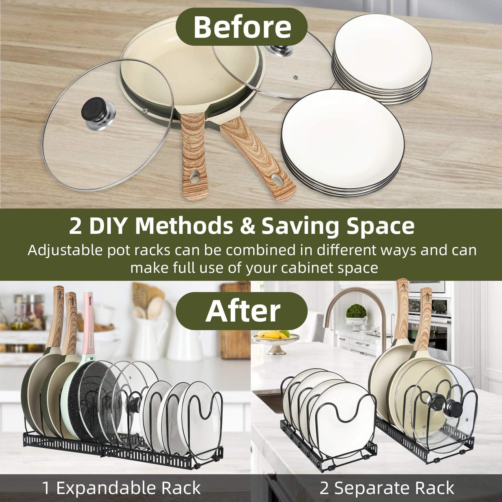 Expandable ROOHUA Pot and Pan Organizer - 10 Adjustable Compartments Lid Holder for Kitchen Cabinet Storage | Perfect for Cookware, Baking & Frying Utensils Organization in Small Spaces