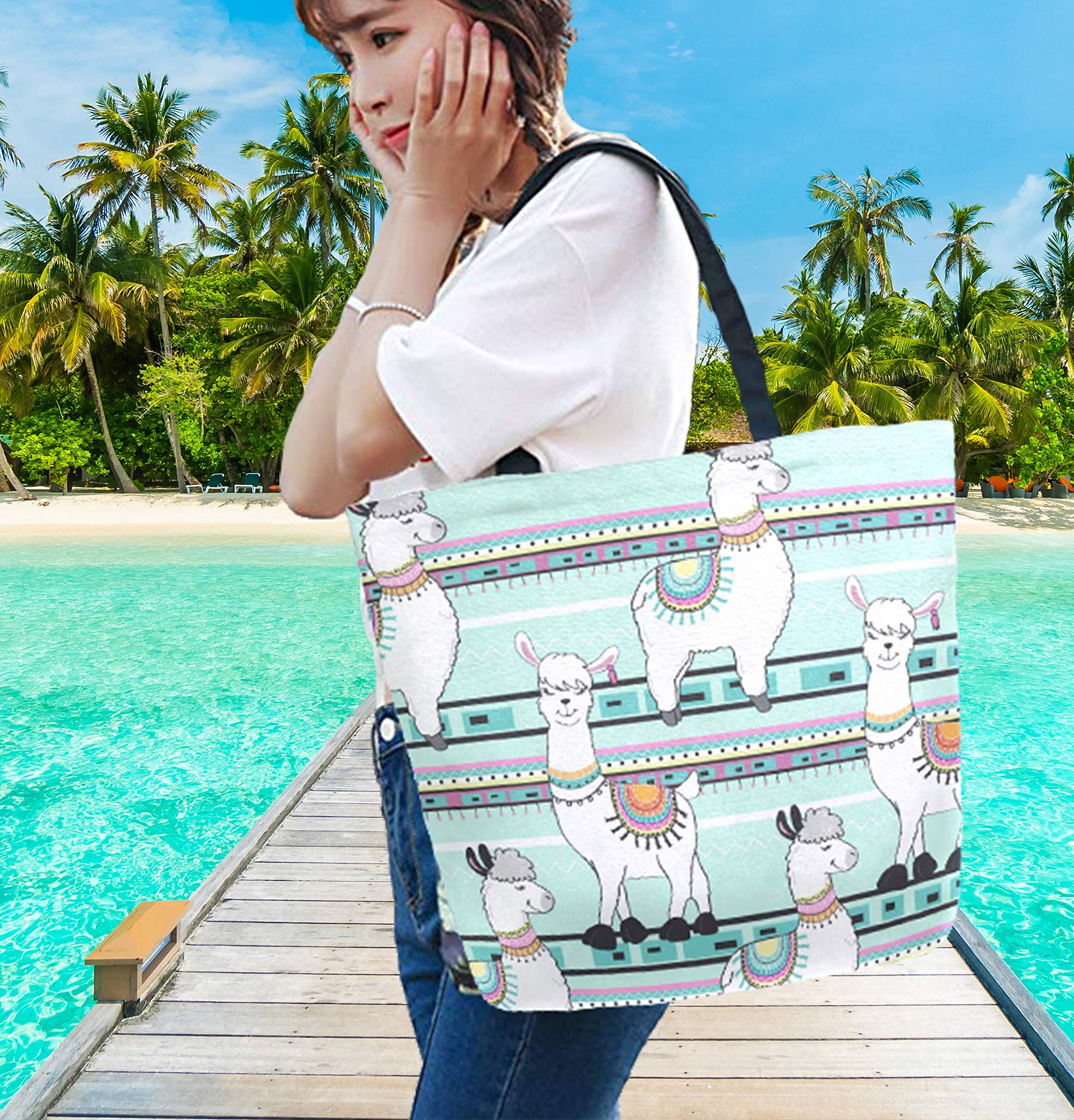Stylish Cartoon Llama Striped Large Canvas Tote Bag - Reusable Grocery Shopping Bag for Gym, Beach, Travel & Daily Use | Durable Portable Storage Handbag for Women & Men